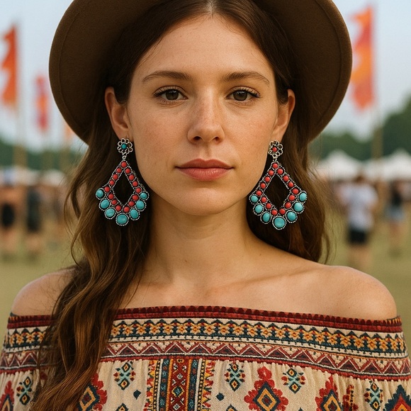 Boho Red & Turquoise Diamond-Shaped Western Earrings – Boho Statement Style - Picture 1 of 3